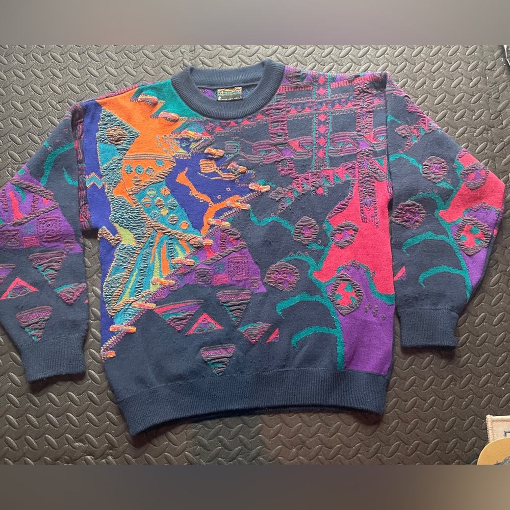 Vintage Abstract Multicolor Geometric Textured Crewneck Sweater